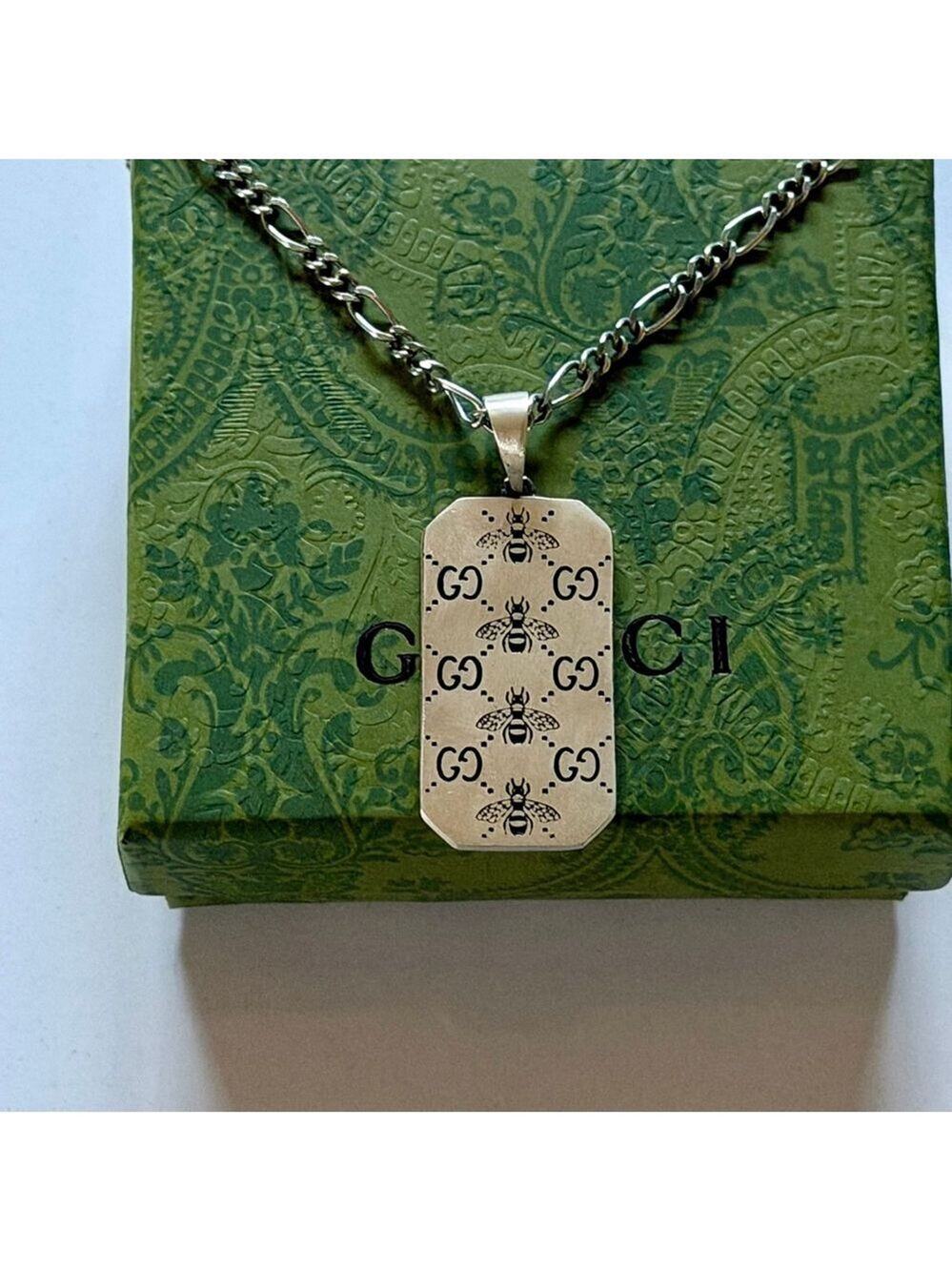 NWT Gucci Sterling Silver GG Bee Dog Tag Necklace Men Women 20”